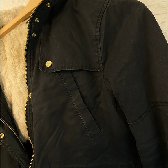 TOP SHOP Women Black Cotton Hooded Parka Jacket Sz 14 Faux Fur Lined Gold Zipper - Picture 7 of 13